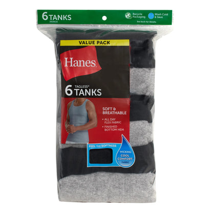 Hanes Men's Cotton Tank Top Undershirt, Black/Grey, 6-Pack